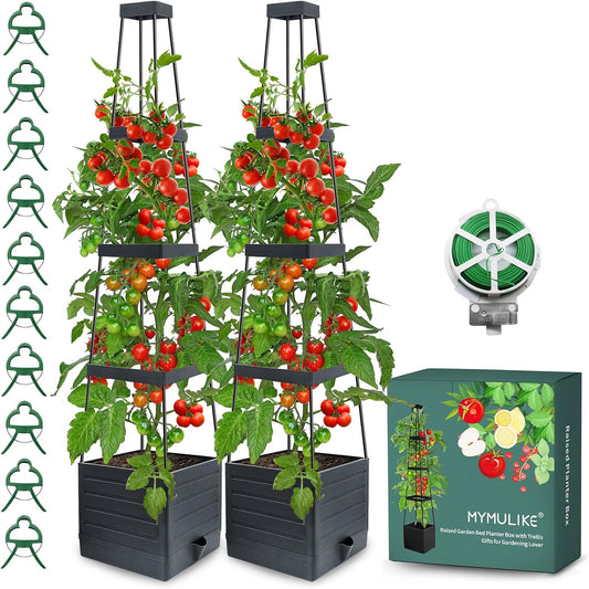MYMULIKE 2 Pack Raised Garden Bed Planter Box with Trellis, 58” Tomato Cage Planter Raised Garden Bed with Trellis for Climbing Vegetables Plants Tomato Cage w/Self-Watering, Indoor Outdoor Use