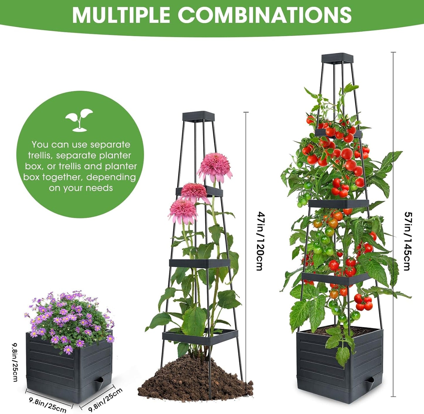 MYMULIKE 2 Pack Raised Garden Bed Planter Box with Trellis, 58” Tomato Cage Planter Raised Garden Bed with Trellis for Climbing Vegetables Plants Tomato Cage w/Self-Watering, Indoor Outdoor Use