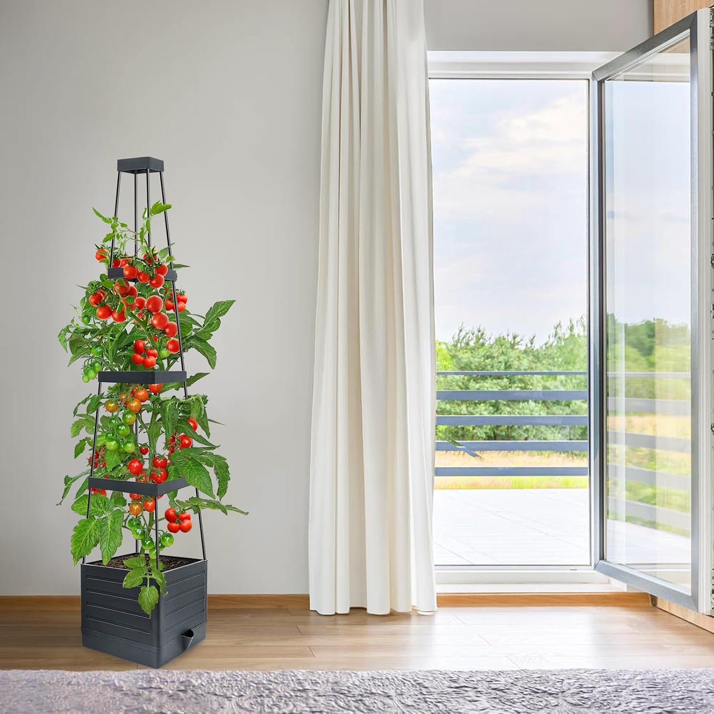MYMULIKE 2 Pack Raised Garden Bed Planter Box with Trellis, 58” Tomato Cage Planter Raised Garden Bed with Trellis for Climbing Vegetables Plants Tomato Cage w/Self-Watering, Indoor Outdoor Use