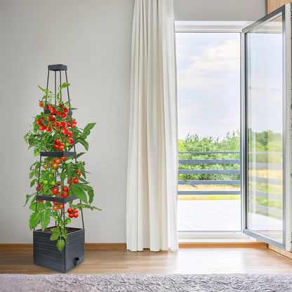 MYMULIKE 2 Pack Raised Garden Bed Planter Box with Trellis, 58” Tomato Cage Planter Raised Garden Bed with Trellis for Climbing Vegetables Plants Tomato Cage w/Self-Watering, Indoor Outdoor Use