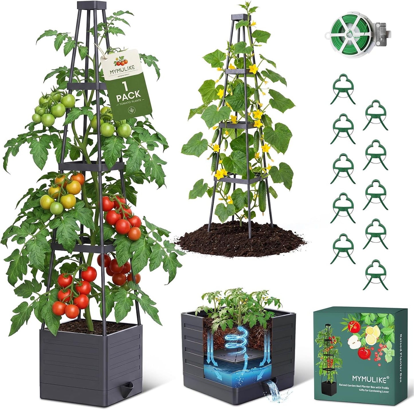 MYMULIKE 2 Pack Raised Garden Bed Planter Box with Trellis, 58” Tomato Cage Planter Raised Garden Bed with Trellis for Climbing Vegetables Plants Tomato Cage w/Self-Watering, Indoor Outdoor Use