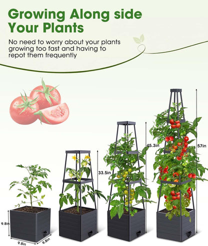 MYMULIKE 2 Pack Raised Garden Bed Planter Box with Trellis, 58” Tomato Cage Planter Raised Garden Bed with Trellis for Climbing Vegetables Plants Tomato Cage w/Self-Watering, Indoor Outdoor Use