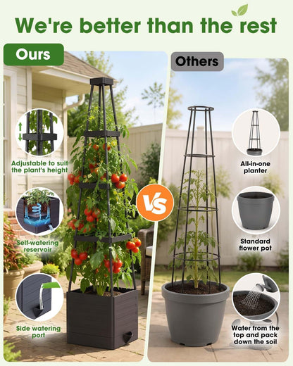 MYMULIKE 2 Pack Raised Garden Bed Planter Box with Trellis, 58” Tomato Cage Planter Raised Garden Bed with Trellis for Climbing Vegetables Plants Tomato Cage w/Self-Watering, Indoor Outdoor Use