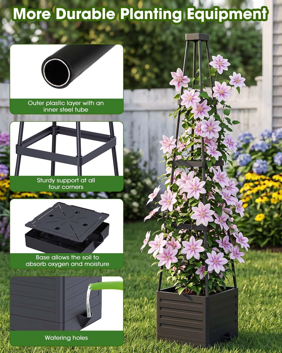 MYMULIKE 2 Pack Raised Garden Bed Planter Box with Trellis, 58” Tomato Cage Planter Raised Garden Bed with Trellis for Climbing Vegetables Plants Tomato Cage w/Self-Watering, Indoor Outdoor Use