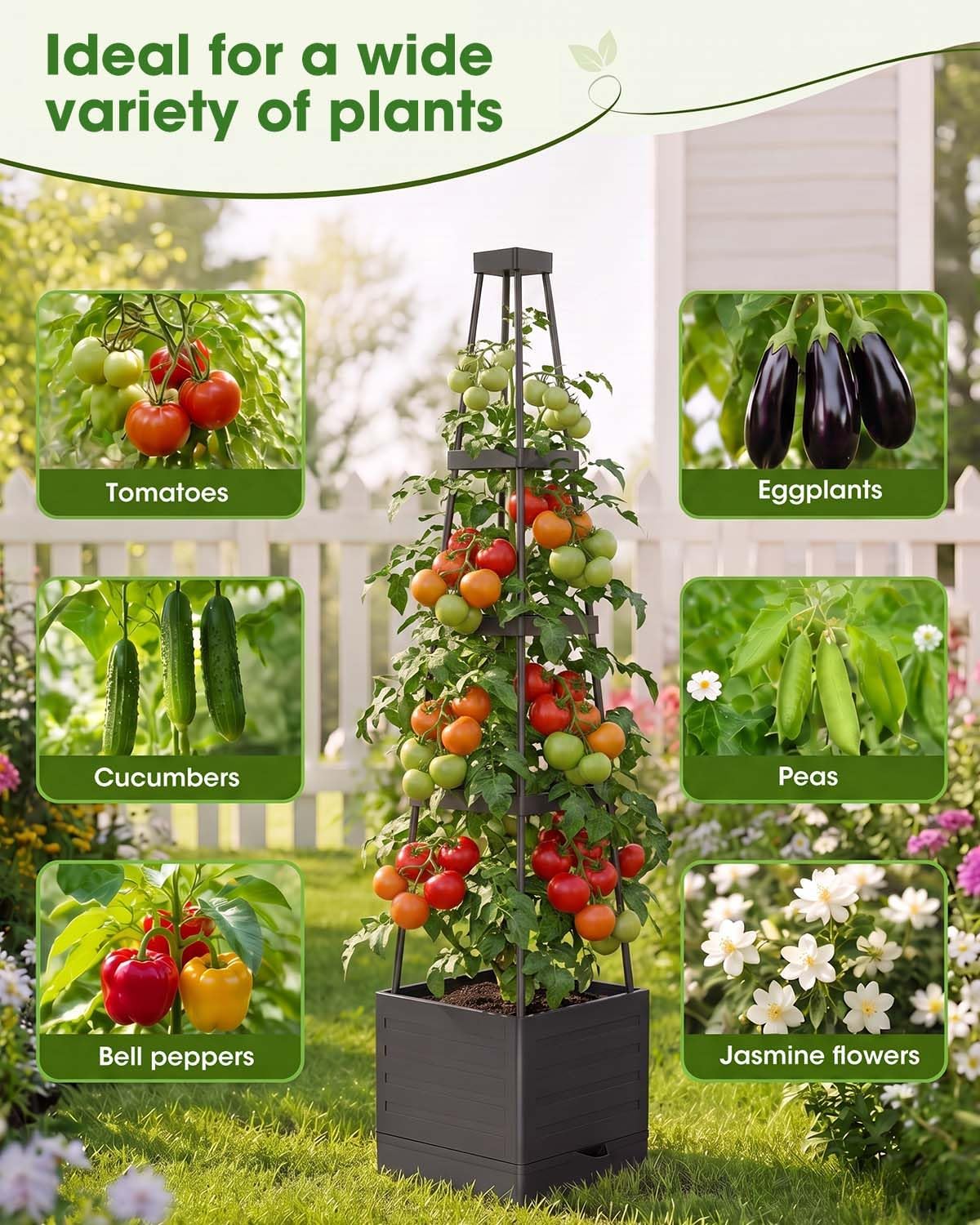 MYMULIKE 2 Pack Raised Garden Bed Planter Box with Trellis, 58” Tomato Cage Planter Raised Garden Bed with Trellis for Climbing Vegetables Plants Tomato Cage w/Self-Watering, Indoor Outdoor Use