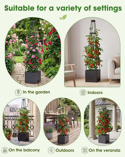 MYMULIKE 2 Pack Raised Garden Bed Planter Box with Trellis, 58” Tomato Cage Planter Raised Garden Bed with Trellis for Climbing Vegetables Plants Tomato Cage w/Self-Watering, Indoor Outdoor Use