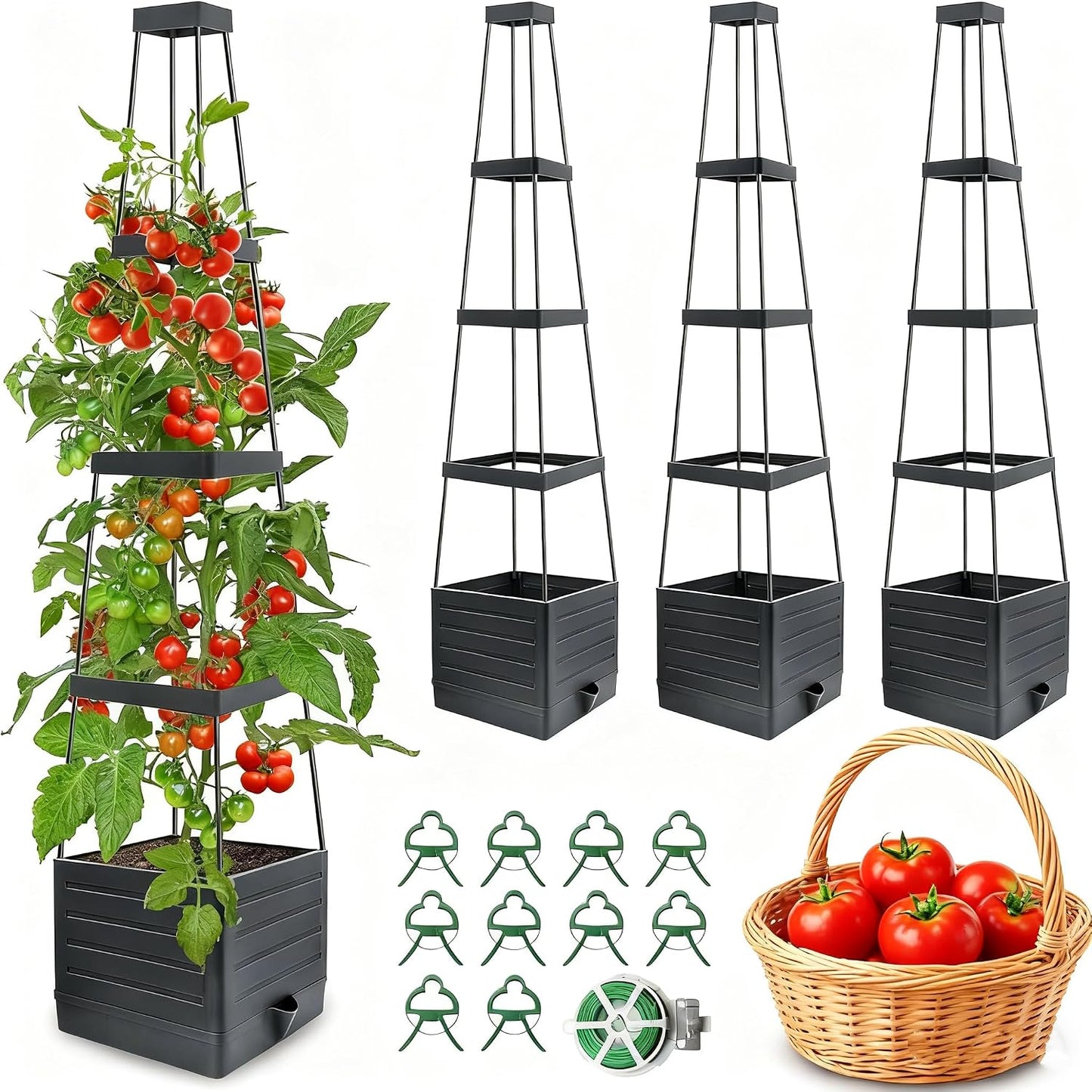 MYMULIKE 2 Pack Raised Garden Bed Planter Box with Trellis, 58” Tomato Cage Planter Raised Garden Bed with Trellis for Climbing Vegetables Plants Tomato Cage w/Self-Watering, Indoor Outdoor Use