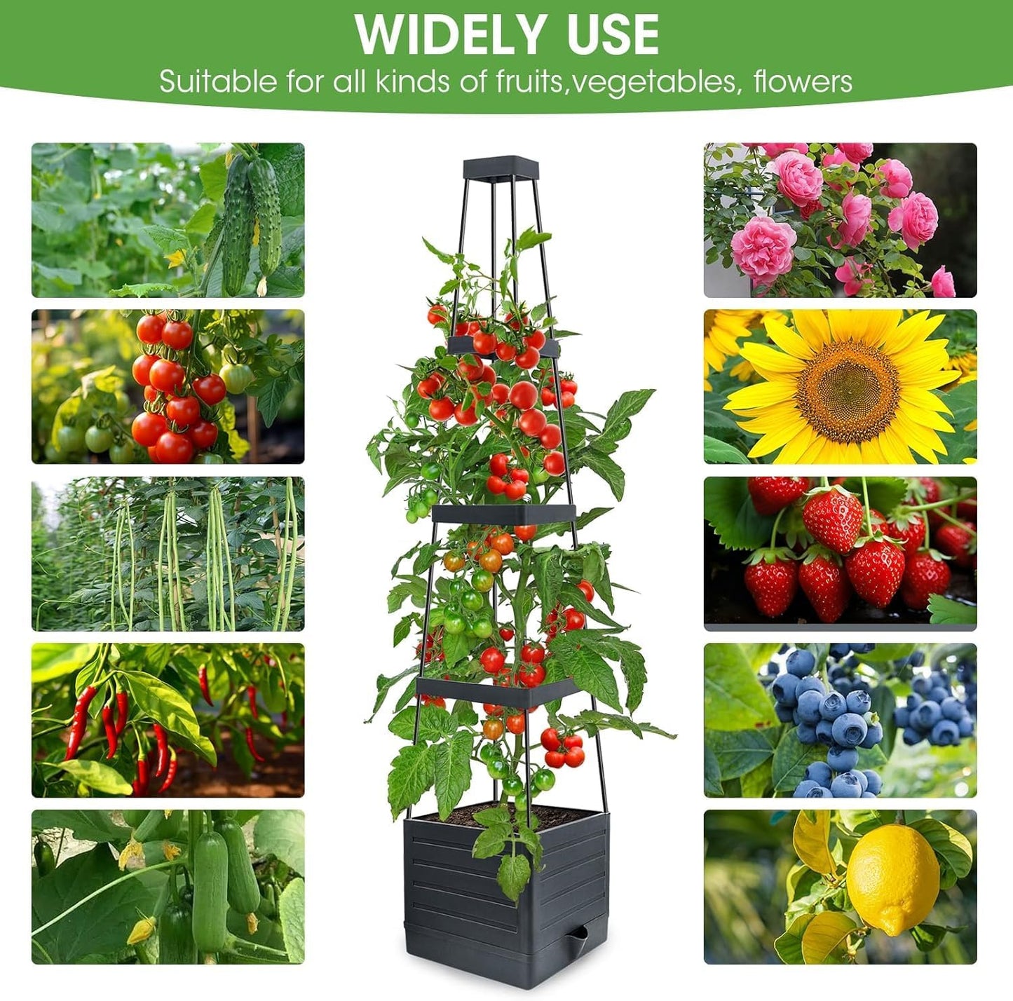 MYMULIKE 2 Pack Raised Garden Bed Planter Box with Trellis, 58” Tomato Cage Planter Raised Garden Bed with Trellis for Climbing Vegetables Plants Tomato Cage w/Self-Watering, Indoor Outdoor Use