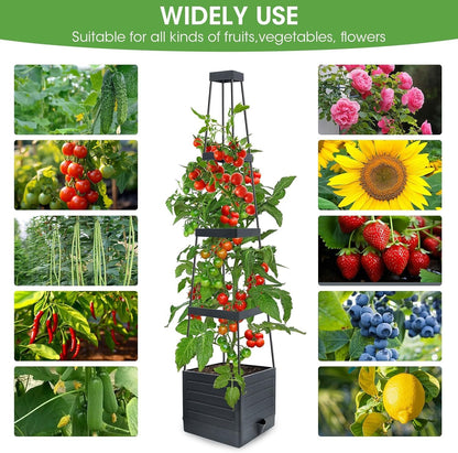 MYMULIKE 2 Pack Raised Garden Bed Planter Box with Trellis, 58” Tomato Cage Planter Raised Garden Bed with Trellis for Climbing Vegetables Plants Tomato Cage w/Self-Watering, Indoor Outdoor Use