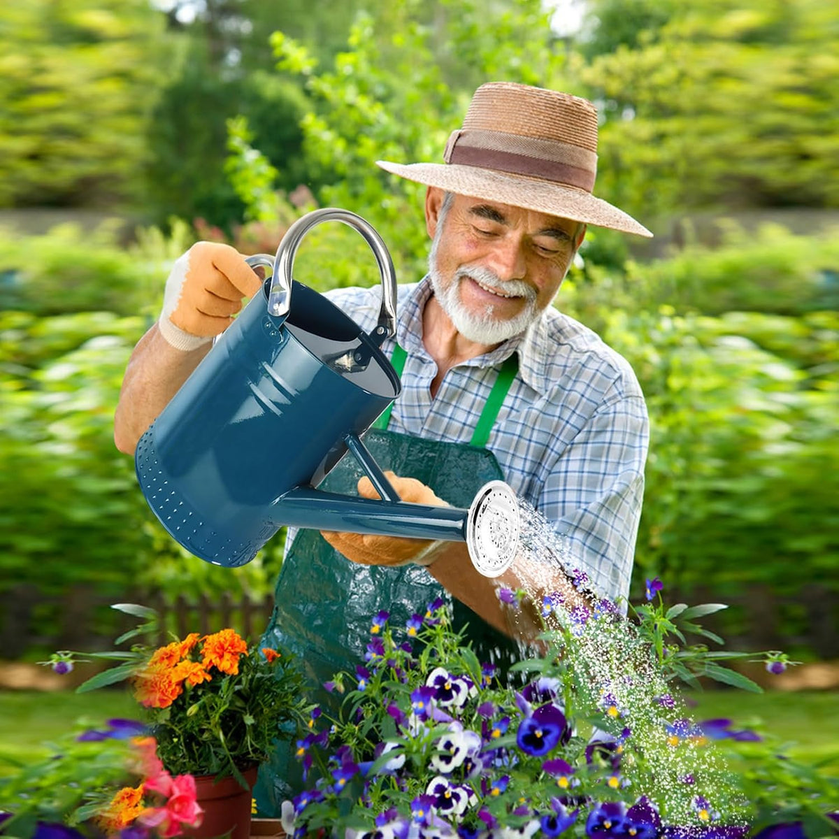 1 Gallon Metal Watering Can with Removable Spout, Nice Galvanized Steel Water Can with Embossed Design for Indoor and Outdoor Plants (Ocean Blue)