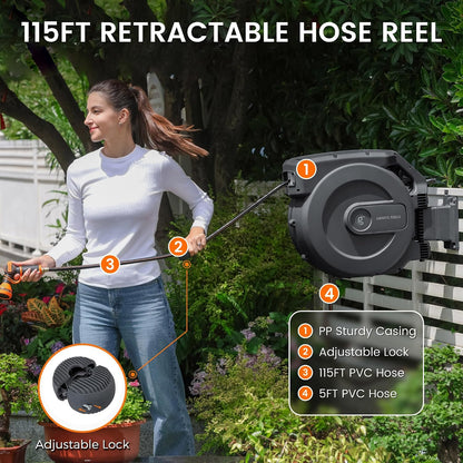 Retractable Garden Hose Reel 5/8"115FT Wall Mount Auto Rewind