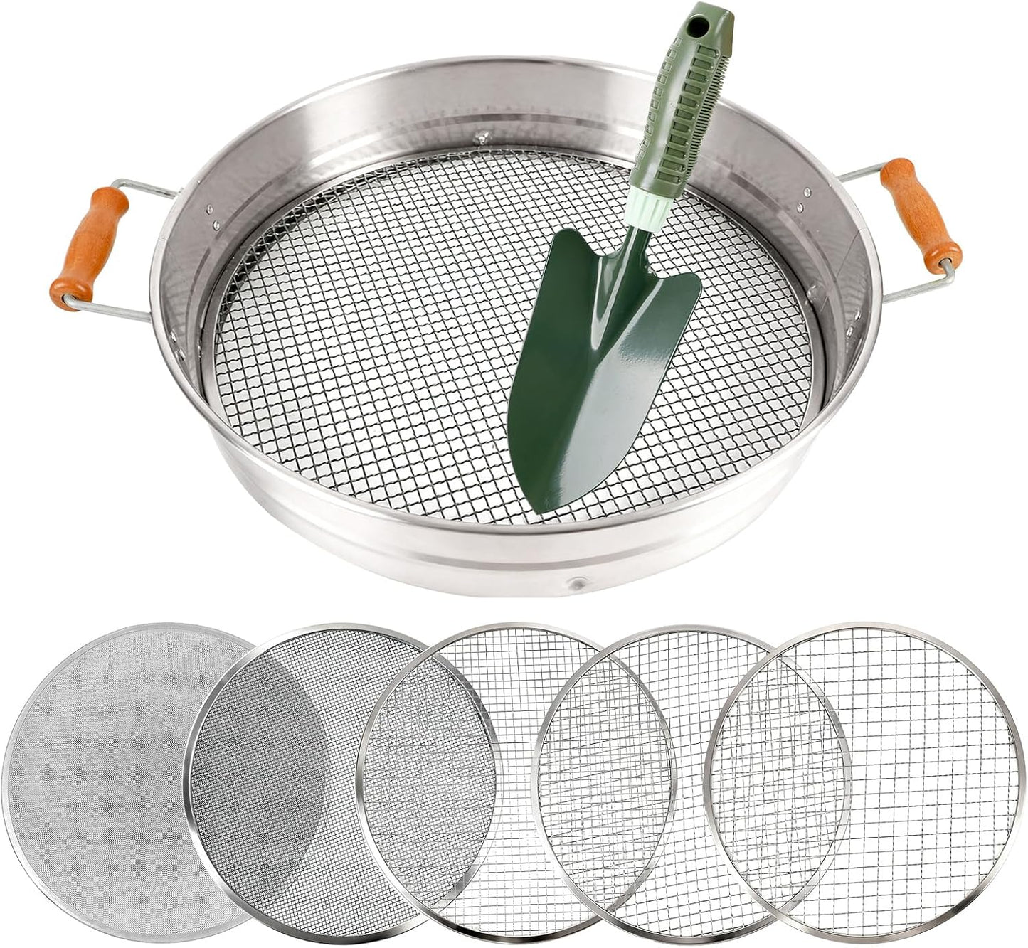 Large 14.57" Soil Sifter with 5 Interchangeable Stainless Steel Mesh Screens (1/3/6/9/12mm) + Stainless Steel Hand Trowel + Galvanized Garden Sieve for Compost, Sand, Gravel & Cat Litter (Silver)