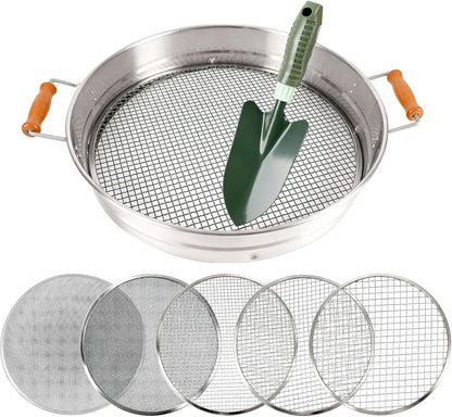 Large 14.57" Soil Sifter with 5 Interchangeable Stainless Steel Mesh Screens (1/3/6/9/12mm) + Stainless Steel Hand Trowel + Galvanized Garden Sieve for Compost, Sand, Gravel & Cat Litter (Silver)