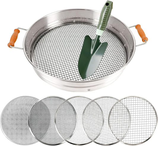 Large 14.57" Soil Sifter with 5 Interchangeable Stainless Steel Mesh Screens (1/3/6/9/12mm) + Stainless Steel Hand Trowel + Galvanized Garden Sieve for Compost, Sand, Gravel & Cat Litter (Silver)