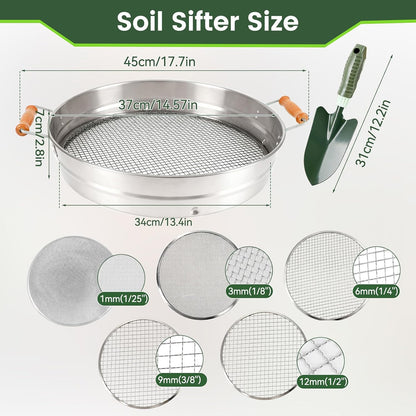Large 14.57" Soil Sifter with 5 Interchangeable Stainless Steel Mesh Screens (1/3/6/9/12mm) + Stainless Steel Hand Trowel + Galvanized Garden Sieve for Compost, Sand, Gravel & Cat Litter (Silver)