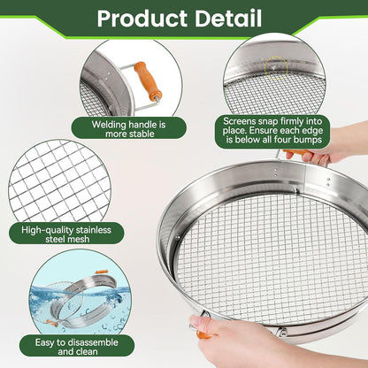 Large 14.57" Soil Sifter with 5 Interchangeable Stainless Steel Mesh Screens (1/3/6/9/12mm) + Stainless Steel Hand Trowel + Galvanized Garden Sieve for Compost, Sand, Gravel & Cat Litter (Silver)