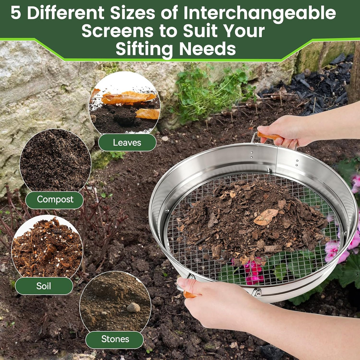 Large 14.57" Soil Sifter with 5 Interchangeable Stainless Steel Mesh Screens (1/3/6/9/12mm) + Stainless Steel Hand Trowel + Galvanized Garden Sieve for Compost, Sand, Gravel & Cat Litter (Silver)