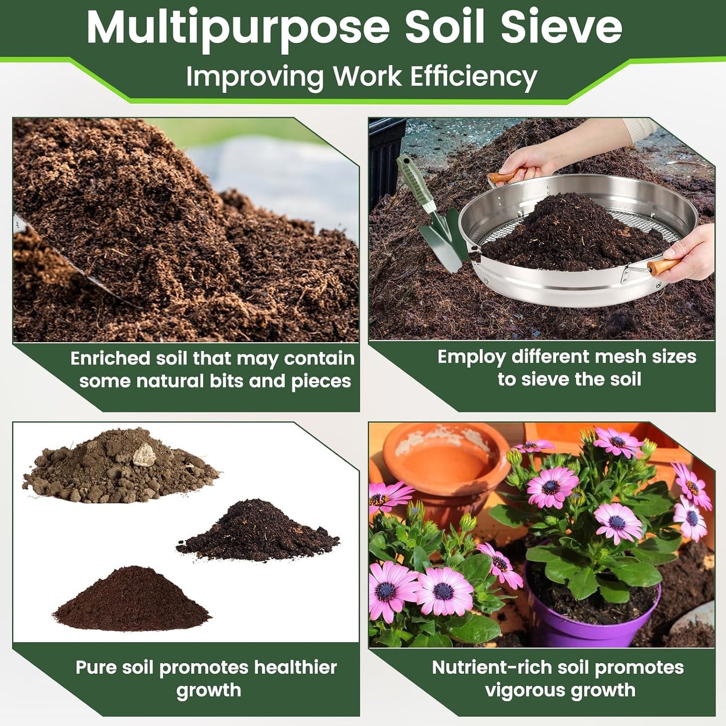 Large 14.57" Soil Sifter with 5 Interchangeable Stainless Steel Mesh Screens (1/3/6/9/12mm) + Stainless Steel Hand Trowel + Galvanized Garden Sieve for Compost, Sand, Gravel & Cat Litter (Silver)