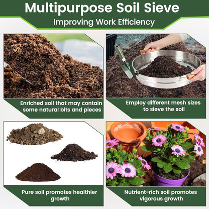 Large 14.57" Soil Sifter with 5 Interchangeable Stainless Steel Mesh Screens (1/3/6/9/12mm) + Stainless Steel Hand Trowel + Galvanized Garden Sieve for Compost, Sand, Gravel & Cat Litter (Silver)