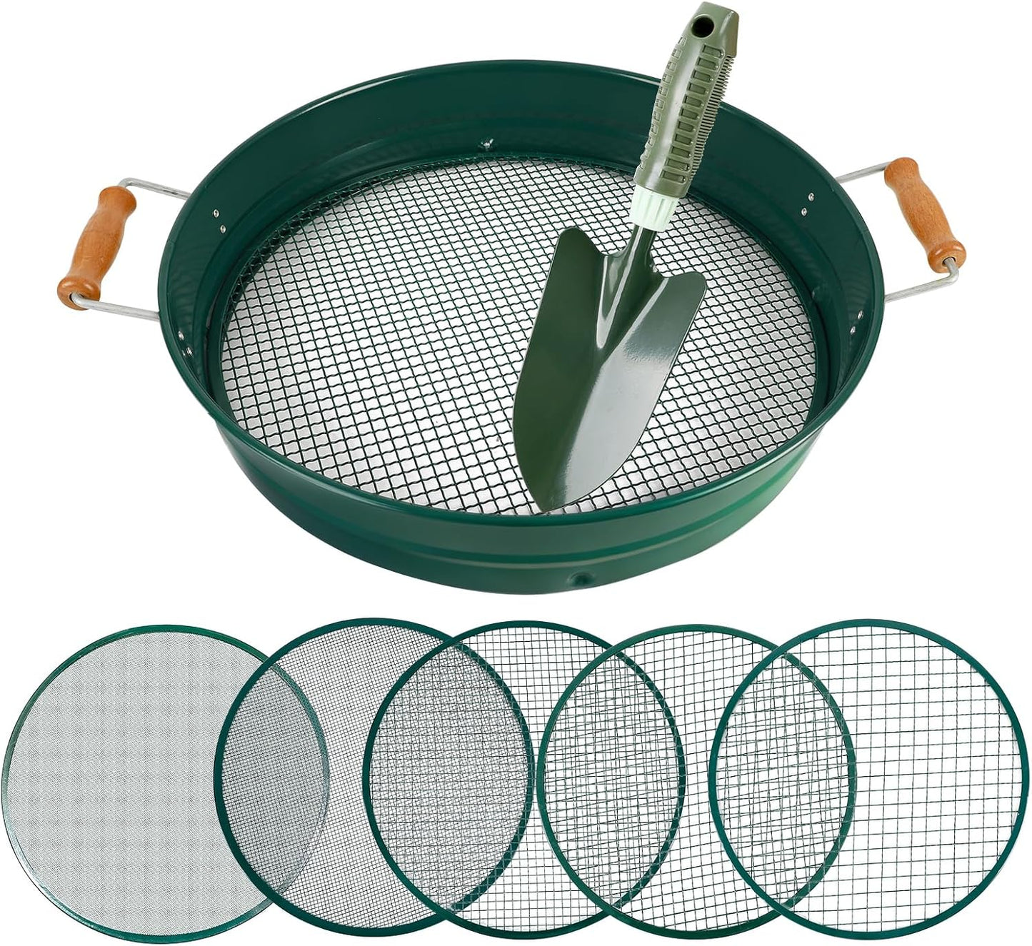 Large 14.57" Soil Sifter with 5 Interchangeable Stainless Steel Mesh Screens (1/3/6/9/12mm) + Stainless Steel Hand Trowel + Galvanized Garden Sieve for Compost, Sand, Gravel & Cat Litter (Silver)