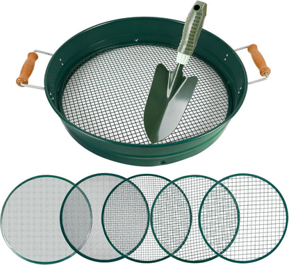 Large 14.57" Soil Sifter with 5 Interchangeable Stainless Steel Mesh Screens (1/3/6/9/12mm) + Stainless Steel Hand Trowel + Galvanized Garden Sieve for Compost, Sand, Gravel & Cat Litter (Silver)