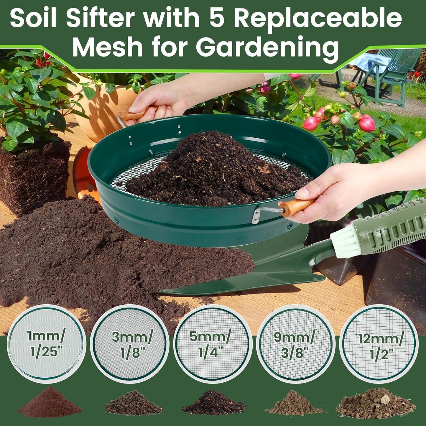 Large 14.57" Soil Sifter with 5 Interchangeable Stainless Steel Mesh Screens (1/3/6/9/12mm) + Stainless Steel Hand Trowel + Galvanized Garden Sieve for Compost, Sand, Gravel & Cat Litter (Silver)