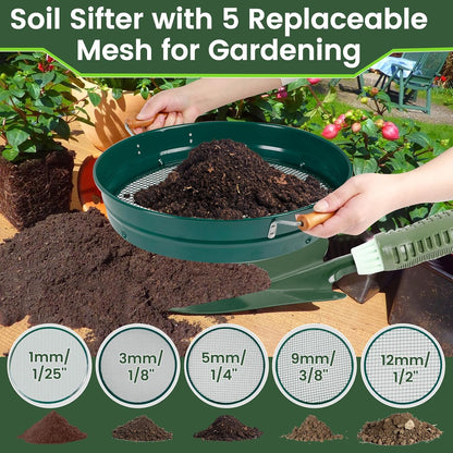 Large 14.57" Soil Sifter with 5 Interchangeable Stainless Steel Mesh Screens (1/3/6/9/12mm) + Stainless Steel Hand Trowel + Galvanized Garden Sieve for Compost, Sand, Gravel & Cat Litter (Silver)