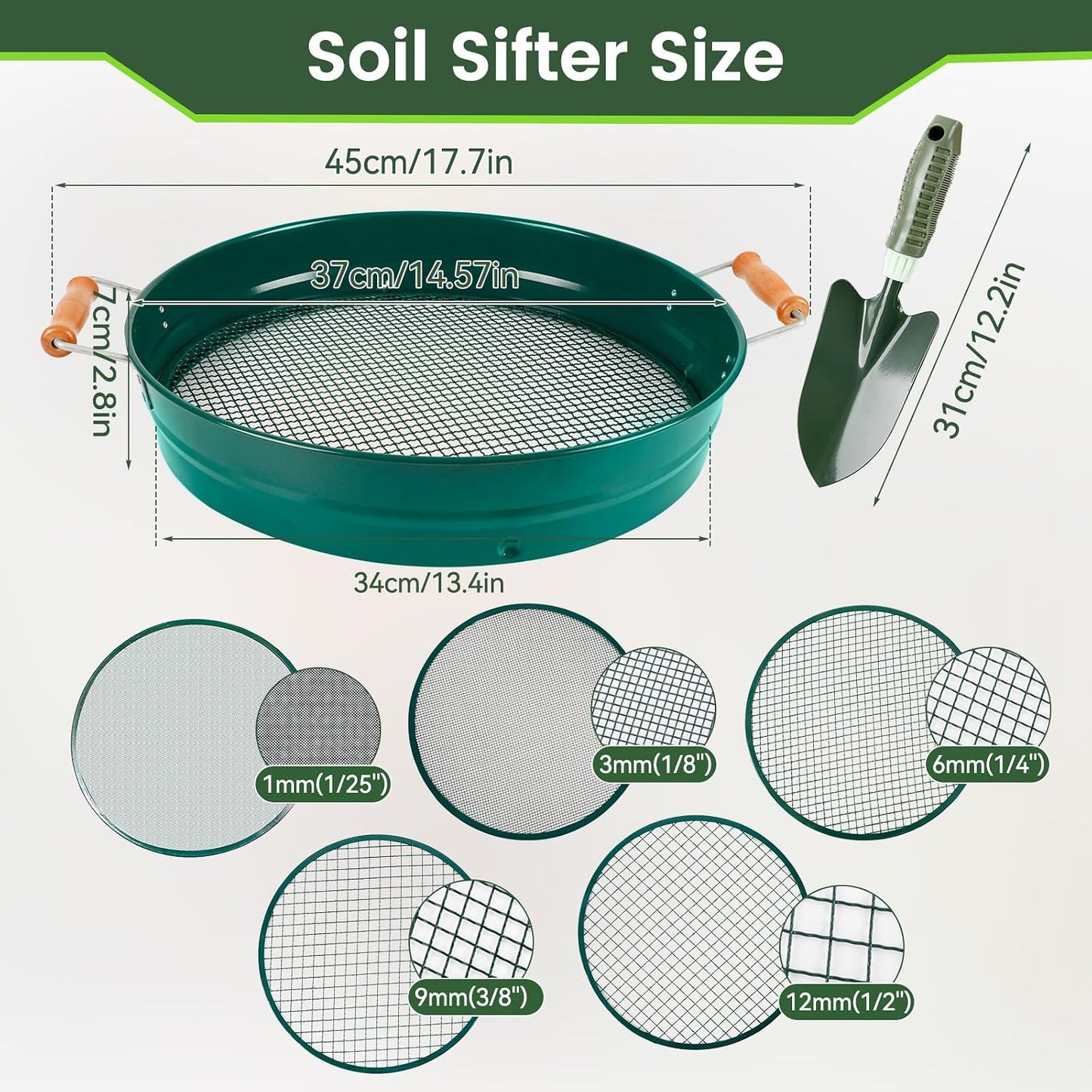 Large 14.57" Soil Sifter with 5 Interchangeable Stainless Steel Mesh Screens (1/3/6/9/12mm) + Stainless Steel Hand Trowel + Galvanized Garden Sieve for Compost, Sand, Gravel & Cat Litter (Silver)