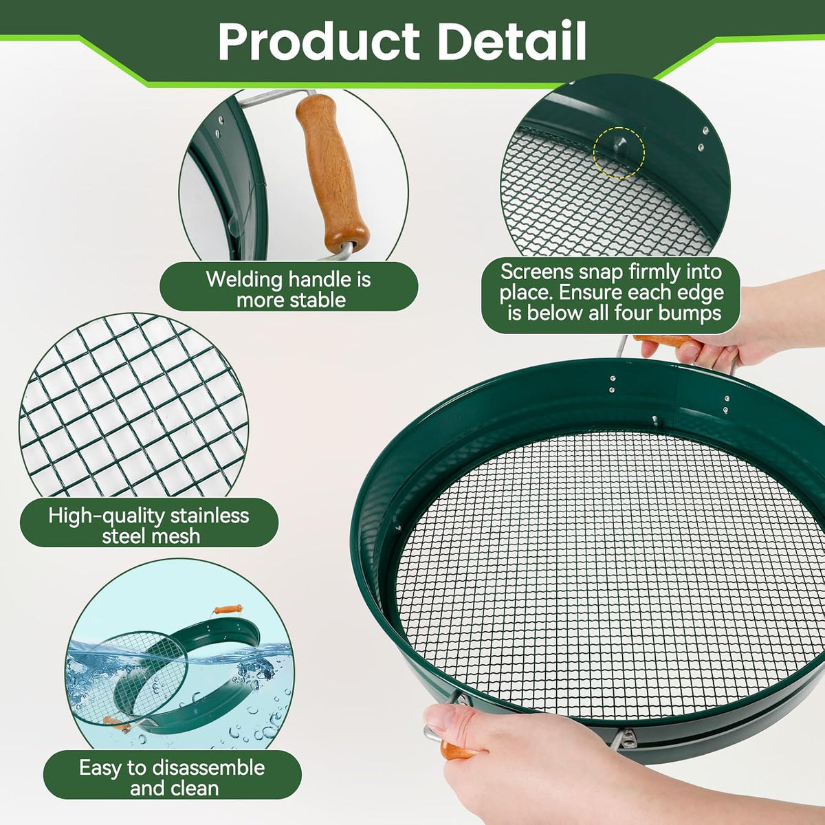 Large 14.57" Soil Sifter with 5 Interchangeable Stainless Steel Mesh Screens (1/3/6/9/12mm) + Stainless Steel Hand Trowel + Galvanized Garden Sieve for Compost, Sand, Gravel & Cat Litter (Silver)