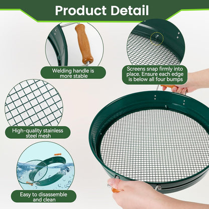 Large 14.57" Soil Sifter with 5 Interchangeable Stainless Steel Mesh Screens (1/3/6/9/12mm) + Stainless Steel Hand Trowel + Galvanized Garden Sieve for Compost, Sand, Gravel & Cat Litter (Silver)
