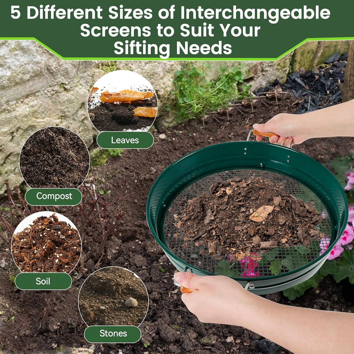 Large 14.57" Soil Sifter with 5 Interchangeable Stainless Steel Mesh Screens (1/3/6/9/12mm) + Stainless Steel Hand Trowel + Galvanized Garden Sieve for Compost, Sand, Gravel & Cat Litter (Silver)
