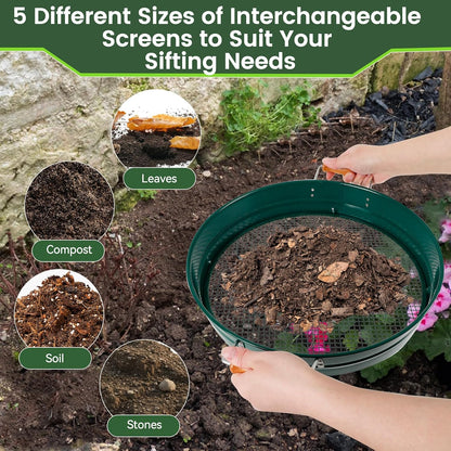 Large 14.57" Soil Sifter with 5 Interchangeable Stainless Steel Mesh Screens (1/3/6/9/12mm) + Stainless Steel Hand Trowel + Galvanized Garden Sieve for Compost, Sand, Gravel & Cat Litter (Silver)