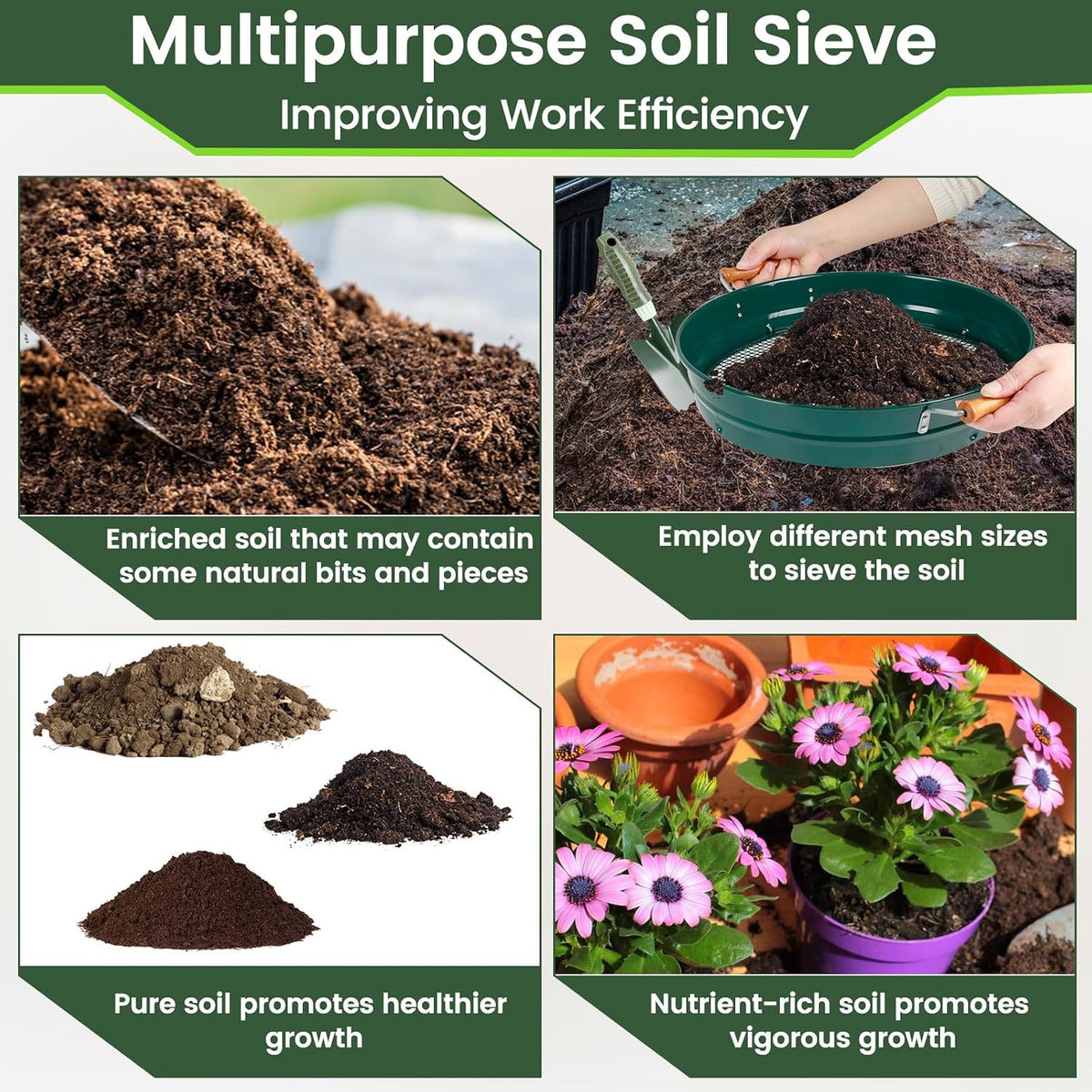 Large 14.57" Soil Sifter with 5 Interchangeable Stainless Steel Mesh Screens (1/3/6/9/12mm) + Stainless Steel Hand Trowel + Galvanized Garden Sieve for Compost, Sand, Gravel & Cat Litter (Silver)
