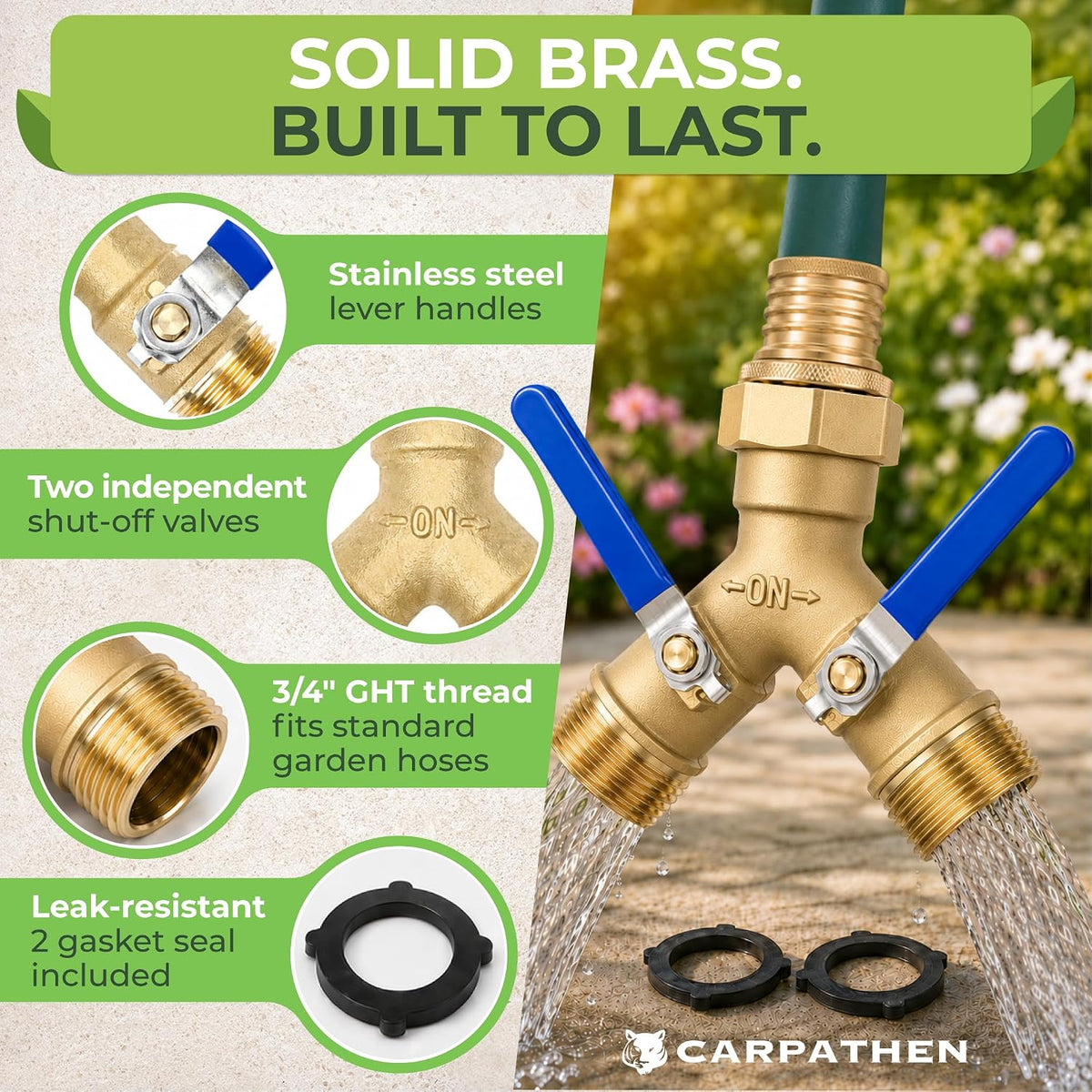 CARPATHEN 3/4" Standard 2 Way Garden Hose Splitter, Heavy Duty Metal Body