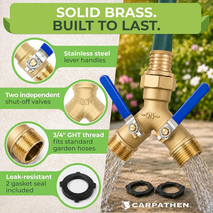 CARPATHEN 3/4" Standard 2 Way Garden Hose Splitter, Heavy Duty Metal Body