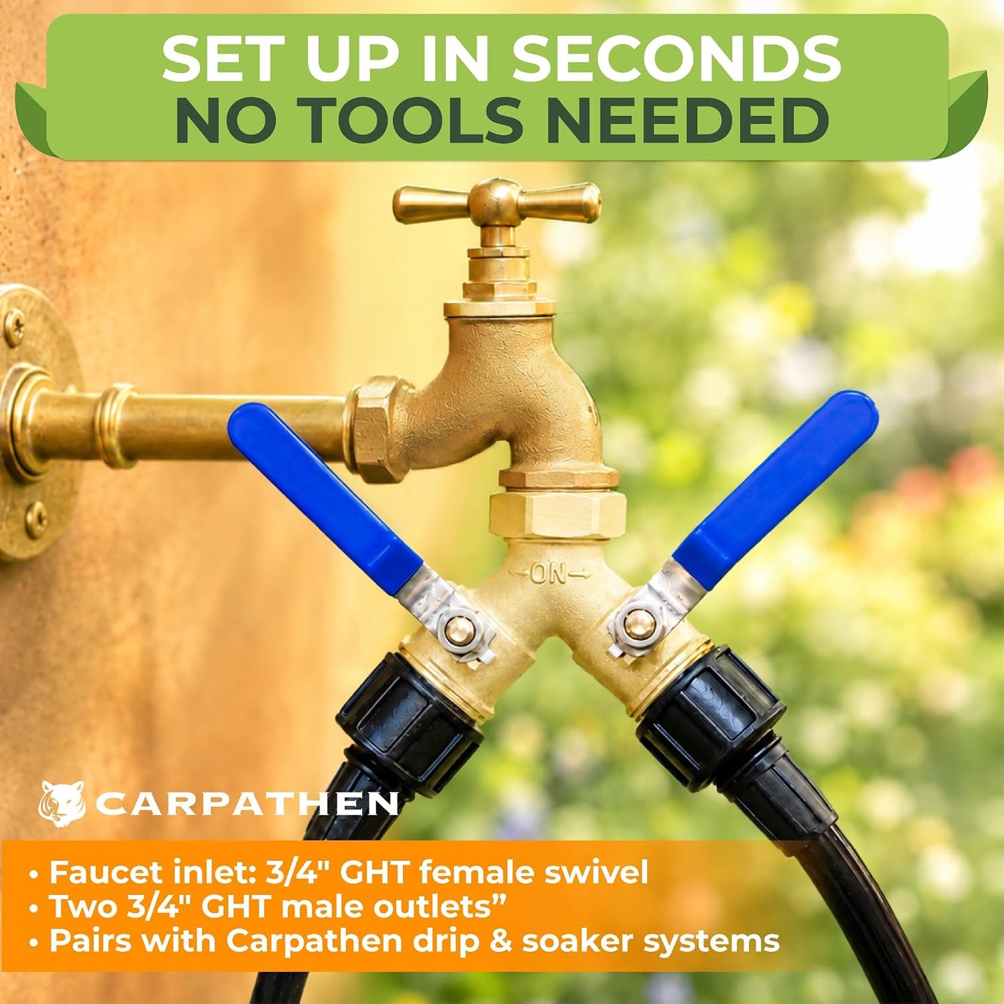 CARPATHEN 3/4" Standard 2 Way Garden Hose Splitter, Heavy Duty Metal Body