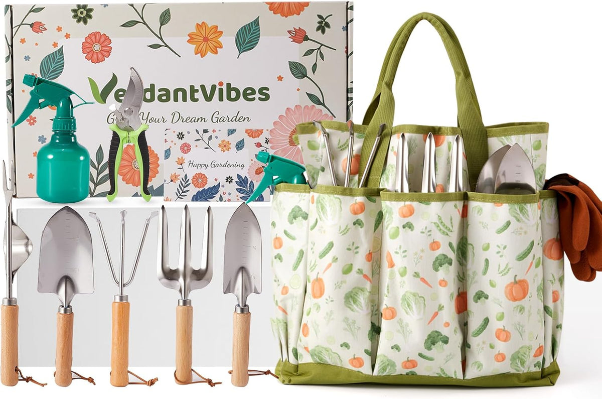10-Piece Garden Tool Set - Heavy Duty Stainless Steel Gardening Kit with Wood Handle, Pruners & Vegetable Print Tote Bag - Unique Gardening Gifts for Women Mom Grandma