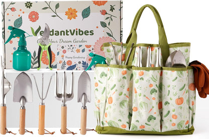10-Piece Garden Tool Set - Heavy Duty Stainless Steel Gardening Kit with Wood Handle, Pruners & Vegetable Print Tote Bag - Unique Gardening Gifts for Women Mom Grandma