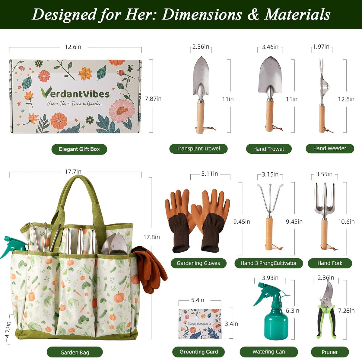 10-Piece Garden Tool Set - Heavy Duty Stainless Steel Gardening Kit with Wood Handle, Pruners & Vegetable Print Tote Bag - Unique Gardening Gifts for Women Mom Grandma