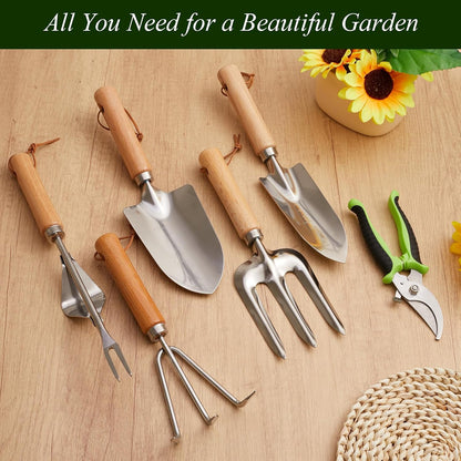 10-Piece Garden Tool Set - Heavy Duty Stainless Steel Gardening Kit with Wood Handle, Pruners & Vegetable Print Tote Bag - Unique Gardening Gifts for Women Mom Grandma