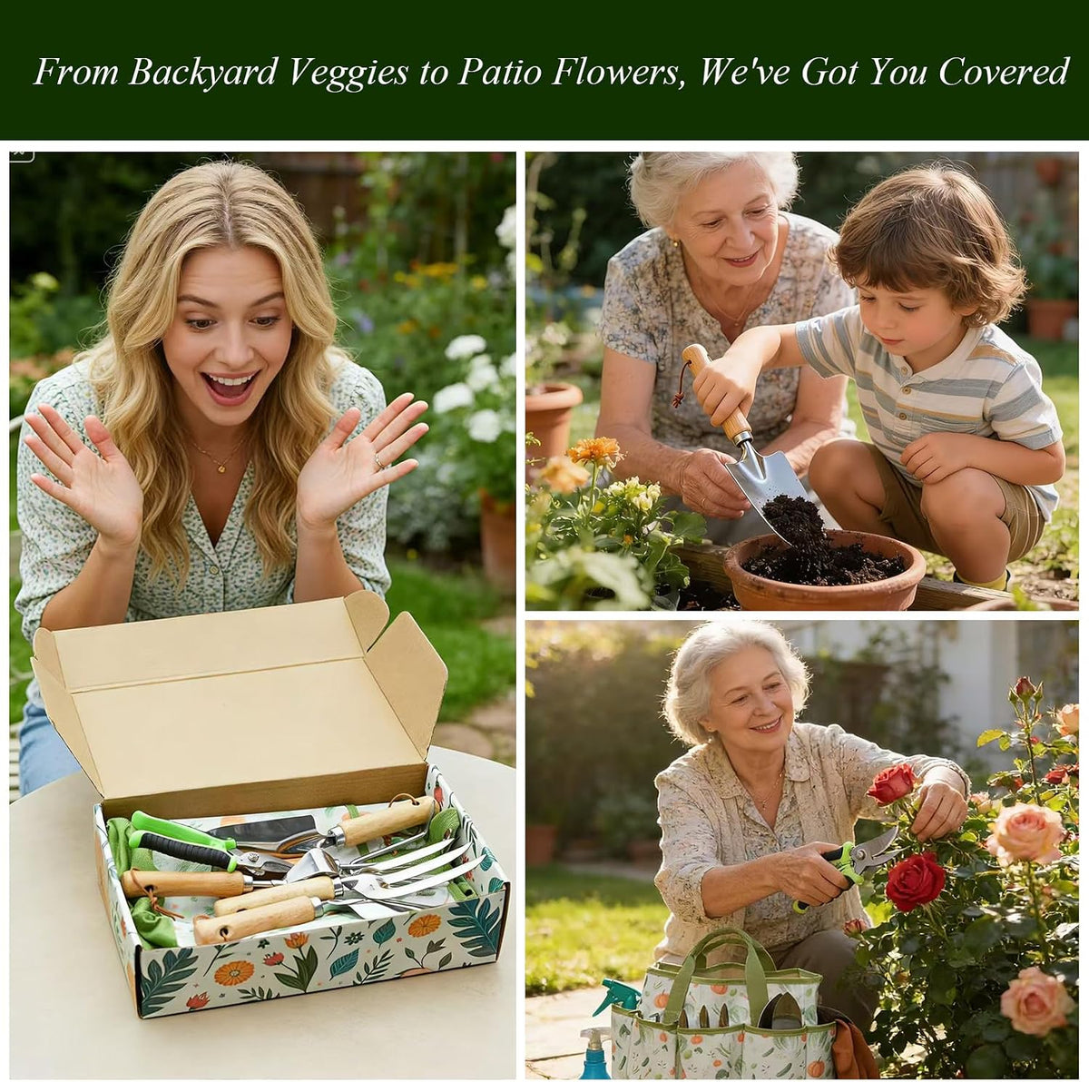 10-Piece Garden Tool Set - Heavy Duty Stainless Steel Gardening Kit with Wood Handle, Pruners & Vegetable Print Tote Bag - Unique Gardening Gifts for Women Mom Grandma