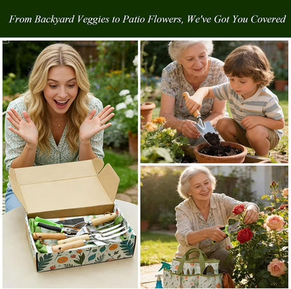 10-Piece Garden Tool Set - Heavy Duty Stainless Steel Gardening Kit with Wood Handle, Pruners & Vegetable Print Tote Bag - Unique Gardening Gifts for Women Mom Grandma
