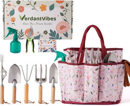 10-Piece Garden Tool Set - Heavy Duty Stainless Steel Gardening Kit with Wood Handle, Pruners & Vegetable Print Tote Bag - Unique Gardening Gifts for Women Mom Grandma