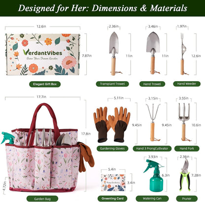 10-Piece Garden Tool Set - Heavy Duty Stainless Steel Gardening Kit with Wood Handle, Pruners & Vegetable Print Tote Bag - Unique Gardening Gifts for Women Mom Grandma