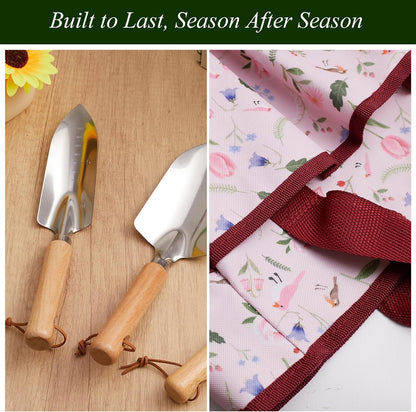 10-Piece Garden Tool Set - Heavy Duty Stainless Steel Gardening Kit with Wood Handle, Pruners & Vegetable Print Tote Bag - Unique Gardening Gifts for Women Mom Grandma