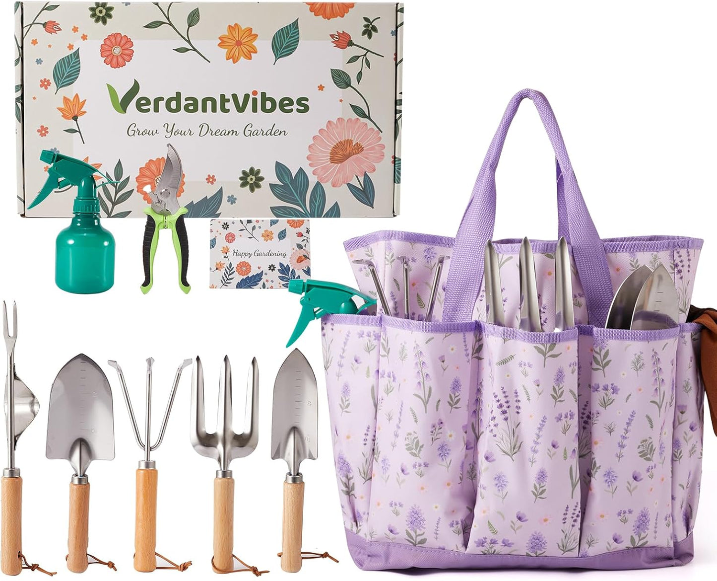 10-Piece Garden Tool Set - Heavy Duty Stainless Steel Gardening Kit with Wood Handle, Pruners & Vegetable Print Tote Bag - Unique Gardening Gifts for Women Mom Grandma