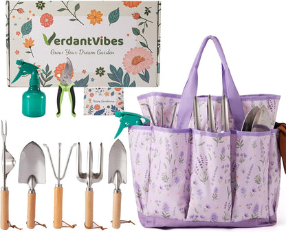 10-Piece Garden Tool Set - Heavy Duty Stainless Steel Gardening Kit with Wood Handle, Pruners & Vegetable Print Tote Bag - Unique Gardening Gifts for Women Mom Grandma
