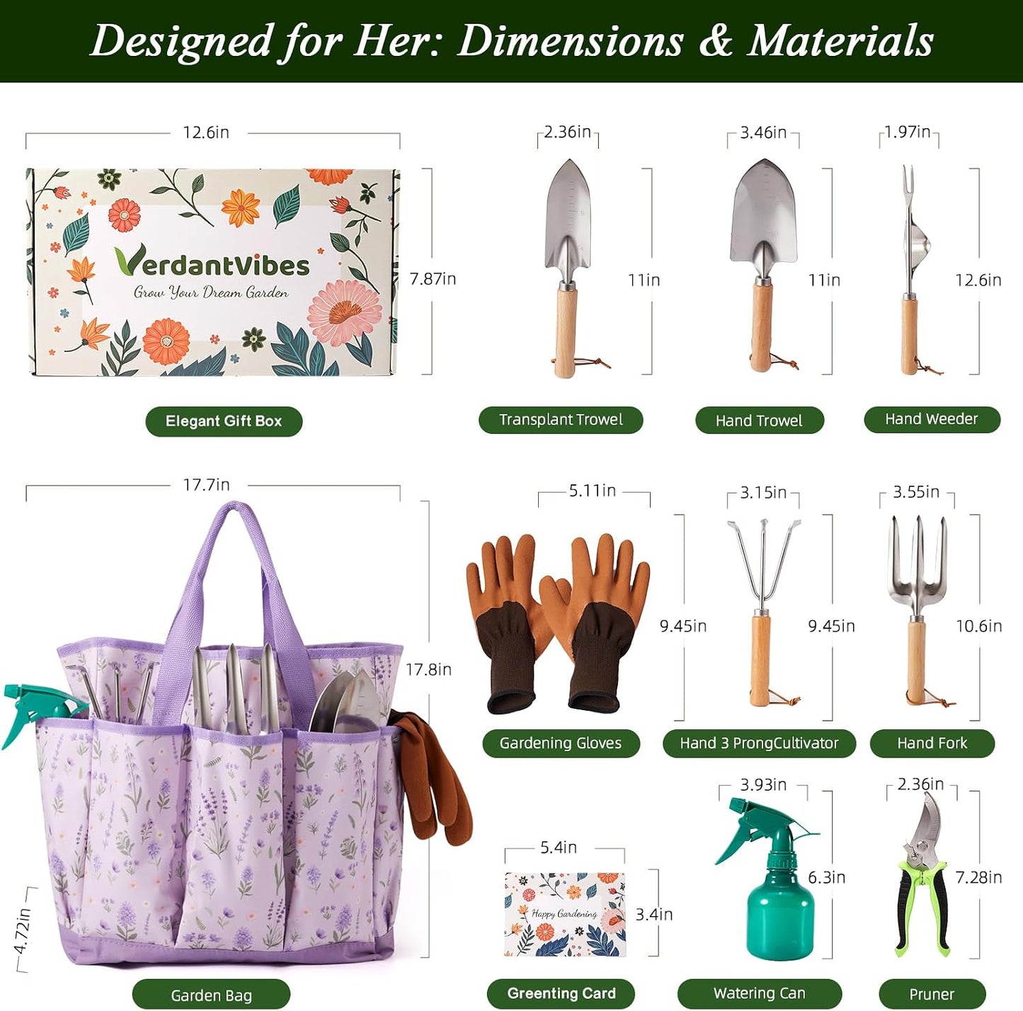 10-Piece Garden Tool Set - Heavy Duty Stainless Steel Gardening Kit with Wood Handle, Pruners & Vegetable Print Tote Bag - Unique Gardening Gifts for Women Mom Grandma
