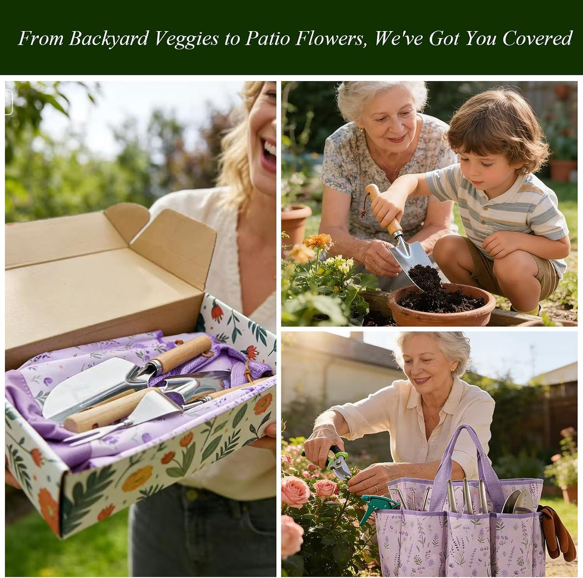 10-Piece Garden Tool Set - Heavy Duty Stainless Steel Gardening Kit with Wood Handle, Pruners & Vegetable Print Tote Bag - Unique Gardening Gifts for Women Mom Grandma