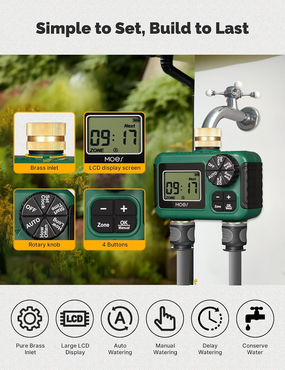 2 Zone Sprinkler Timer for Garden Hose,Brass Inlet &Outlet Water Timer